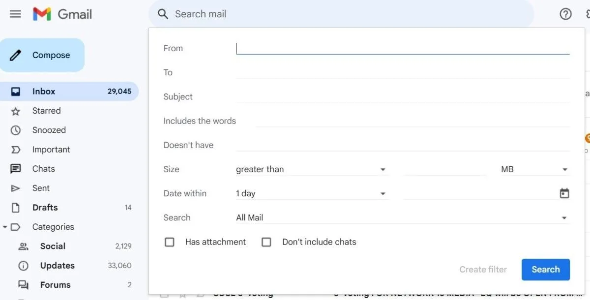 Cửa sổ tùy chọn và tiêu chí lọc email nâng cao trong Gmail