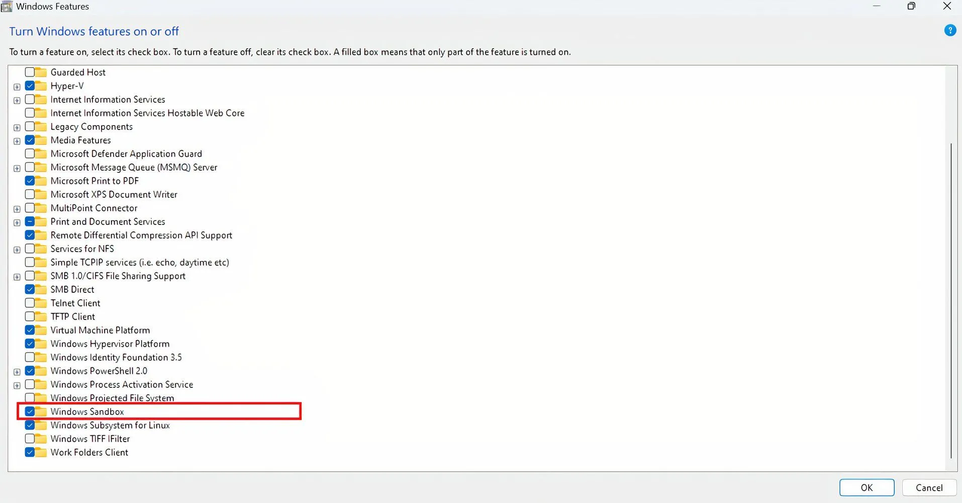 Cửa sổ Windows Features với tùy chọn Windows Sandbox được tích chọn để kích hoạt