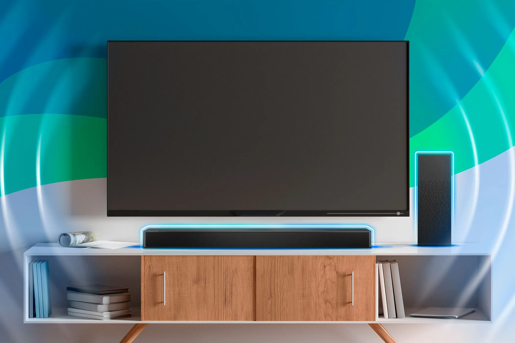 Dàn giải trí tại gia với TV treo tường và soundbar, minh họa cách Bitstream tối ưu trải nghiệm âm thanh vòm