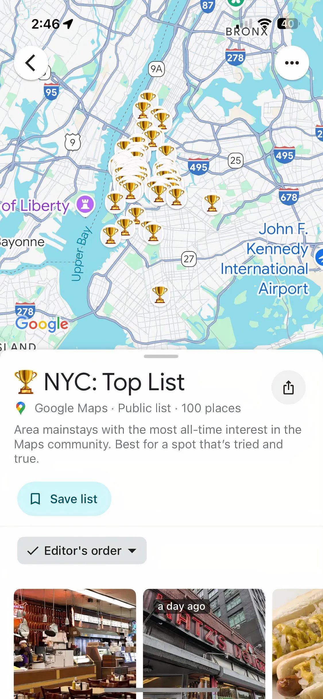 Danh sách các địa điểm nổi bật và nhà hàng được đề xuất trên Google Maps tại New York City