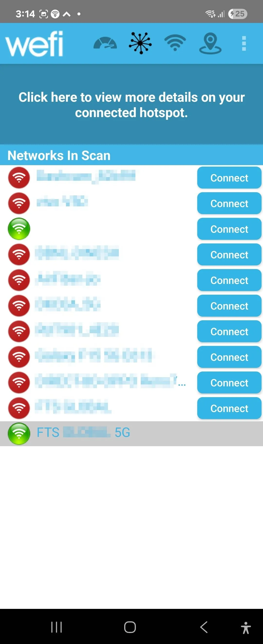 Danh sách các hotspot Wi-Fi khả dụng gần đây trên ứng dụng WeFi dành cho Android