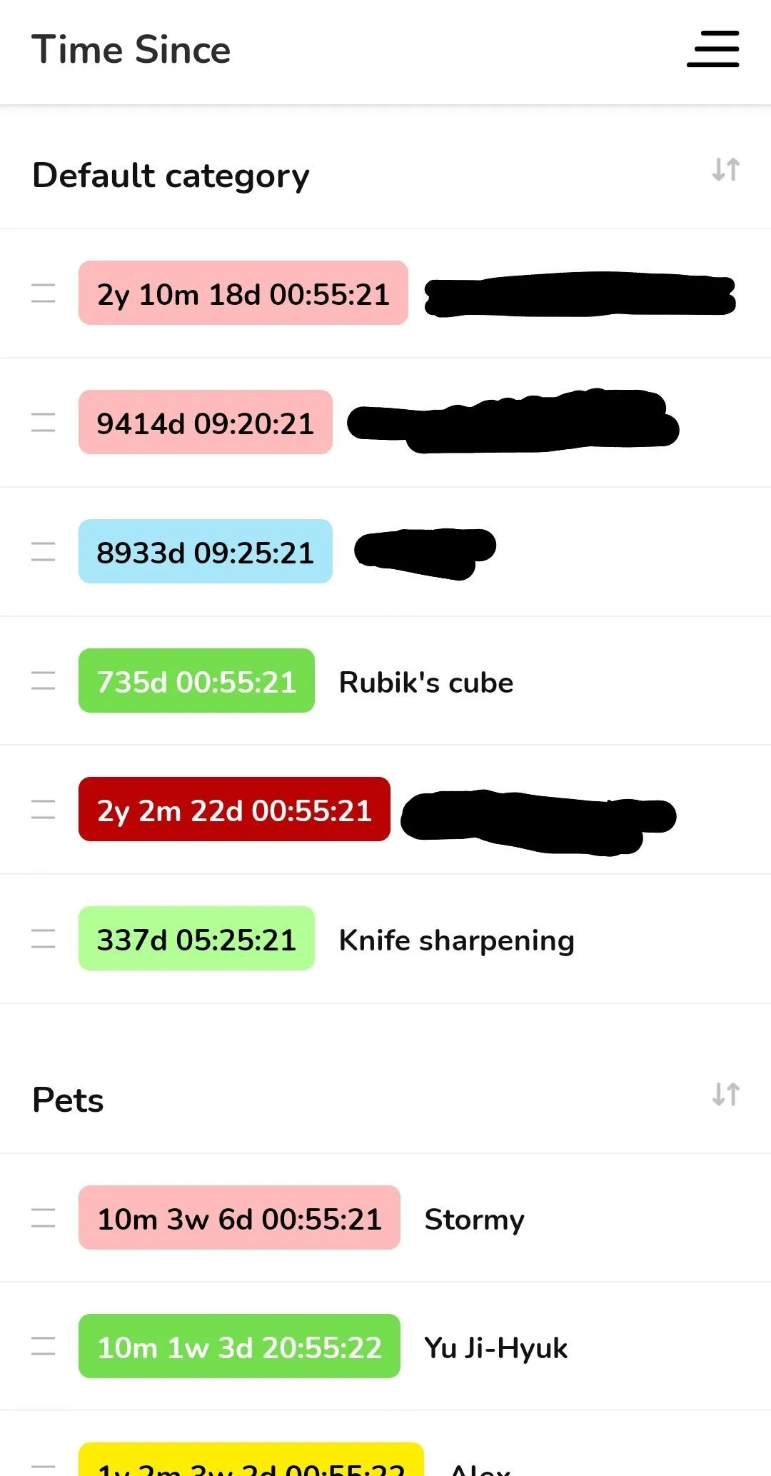Danh sách các mục thời gian đang được theo dõi trong ứng dụng Time Since