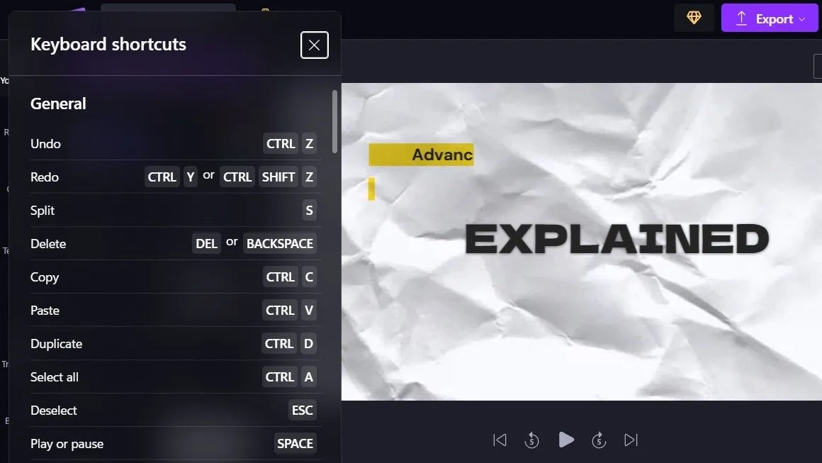 Danh sách các phím tắt bàn phím tiện lợi trong Clipchamp