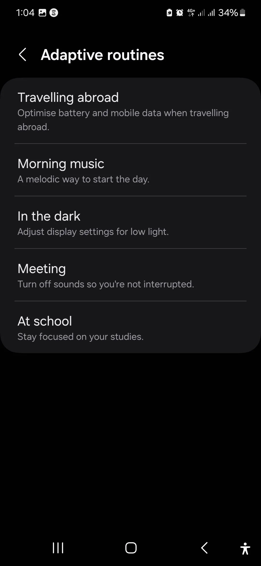 Danh sách các quy trình thích ứng (Adaptive Routines) có sẵn trong ứng dụng Samsung Modes &amp; Routines