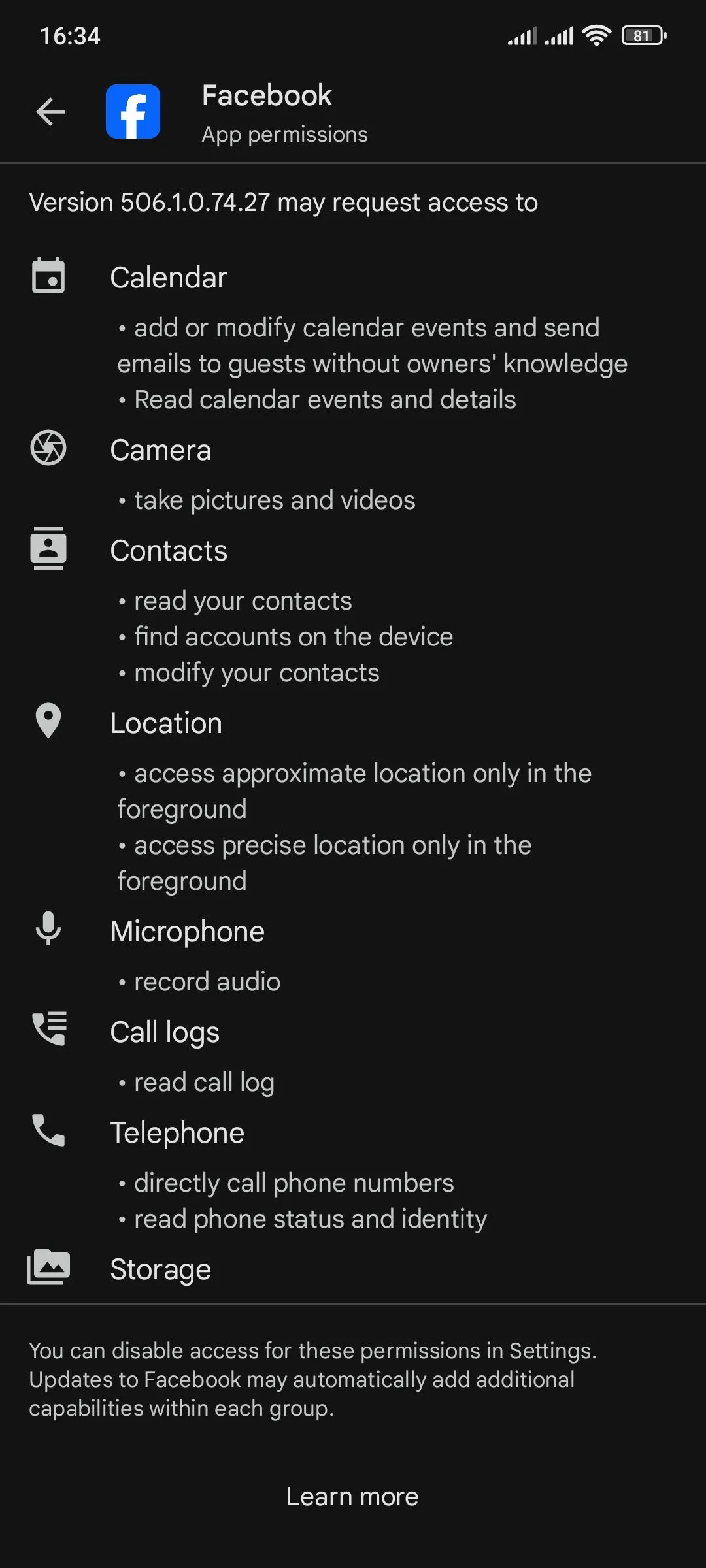 Danh sách chi tiết các quyền mà ứng dụng Facebook yêu cầu khi cài đặt từ Google Play Store