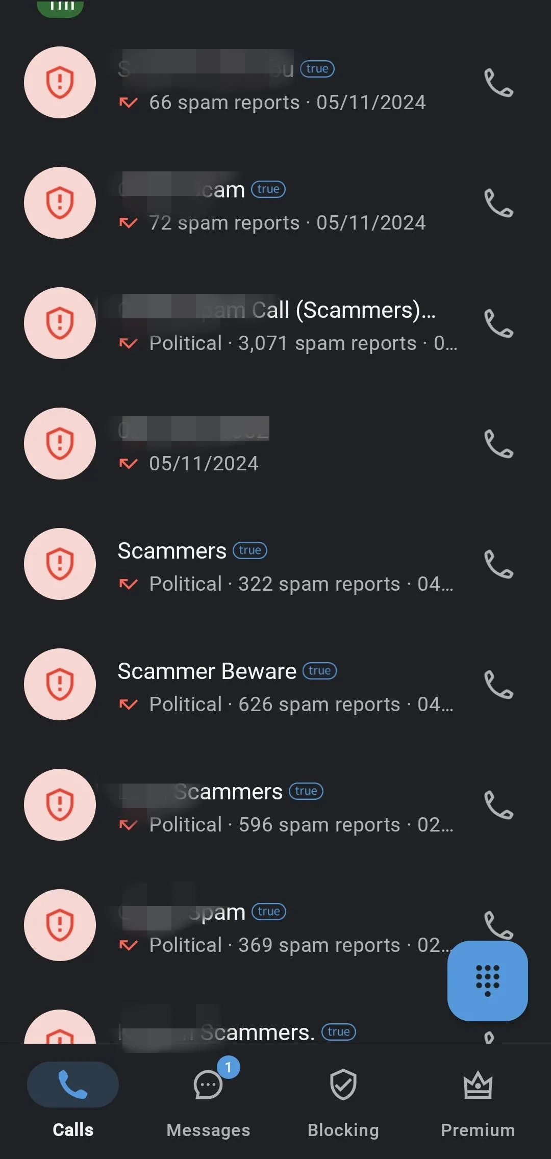 Danh sách cuộc gọi được Truecaller nhận diện, hiển thị các số lừa đảo và spam