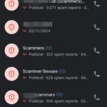 Danh sách cuộc gọi trong ứng dụng Truecaller hiển thị các số điện thoại bị đánh dấu là cuộc gọi lừa đảo hoặc spam.
