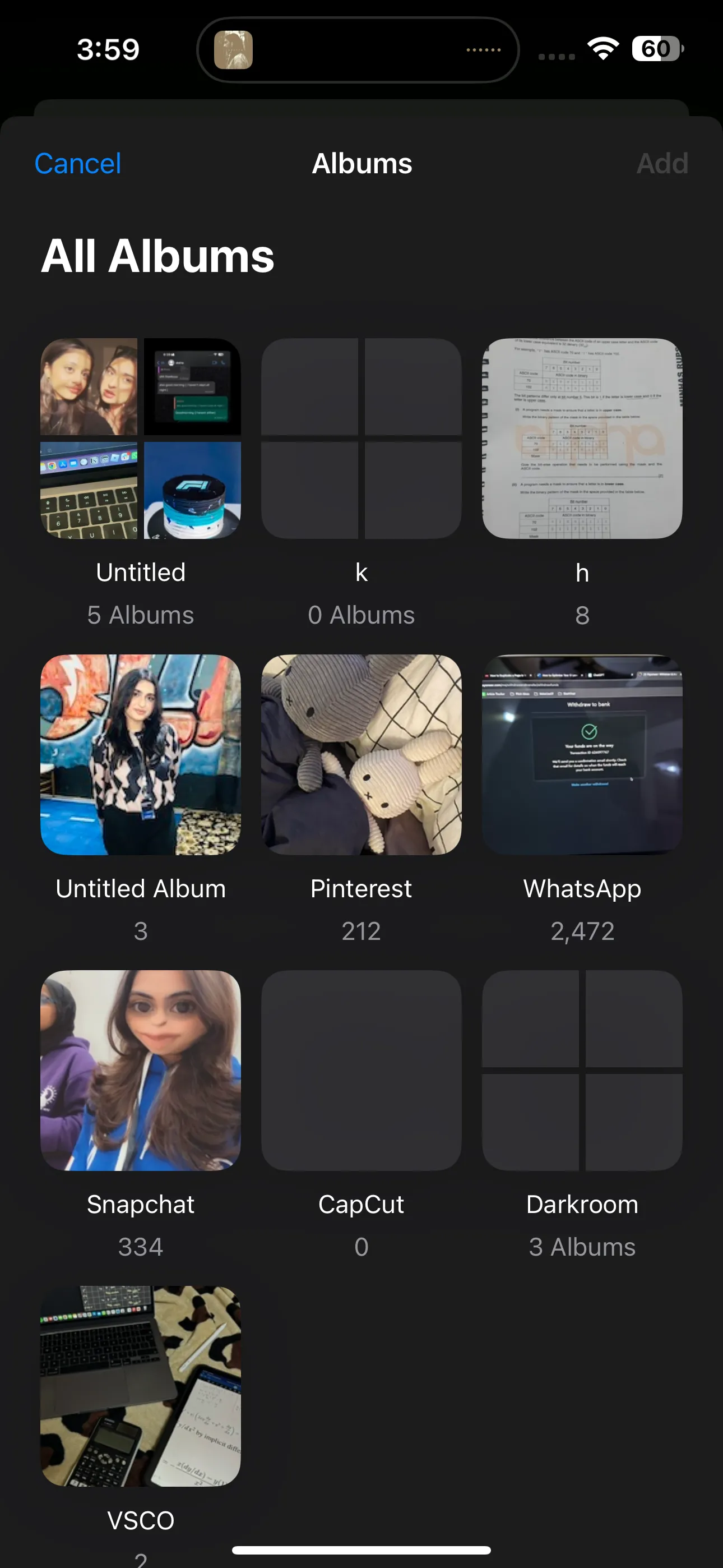 Danh sách tất cả các album và thư mục album trong ứng dụng Ảnh iPhone