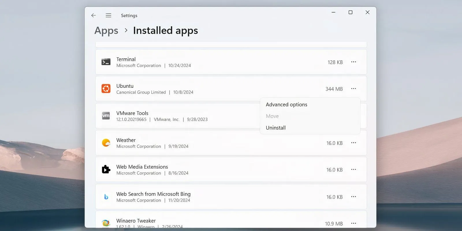 Danh sách ứng dụng đã cài đặt trong Cài đặt với tùy chọn Gỡ cài đặt cho Ubuntu