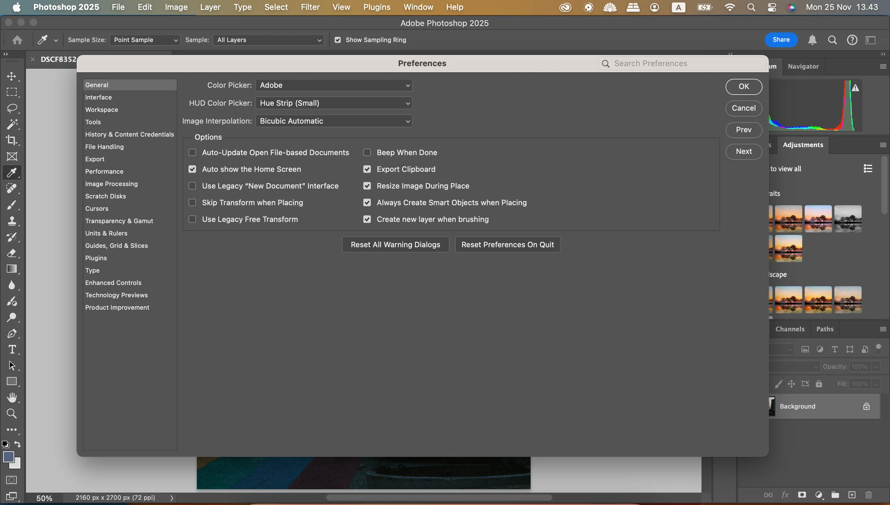 Đặt lại tùy chọn ưu tiên của Adobe Photoshop