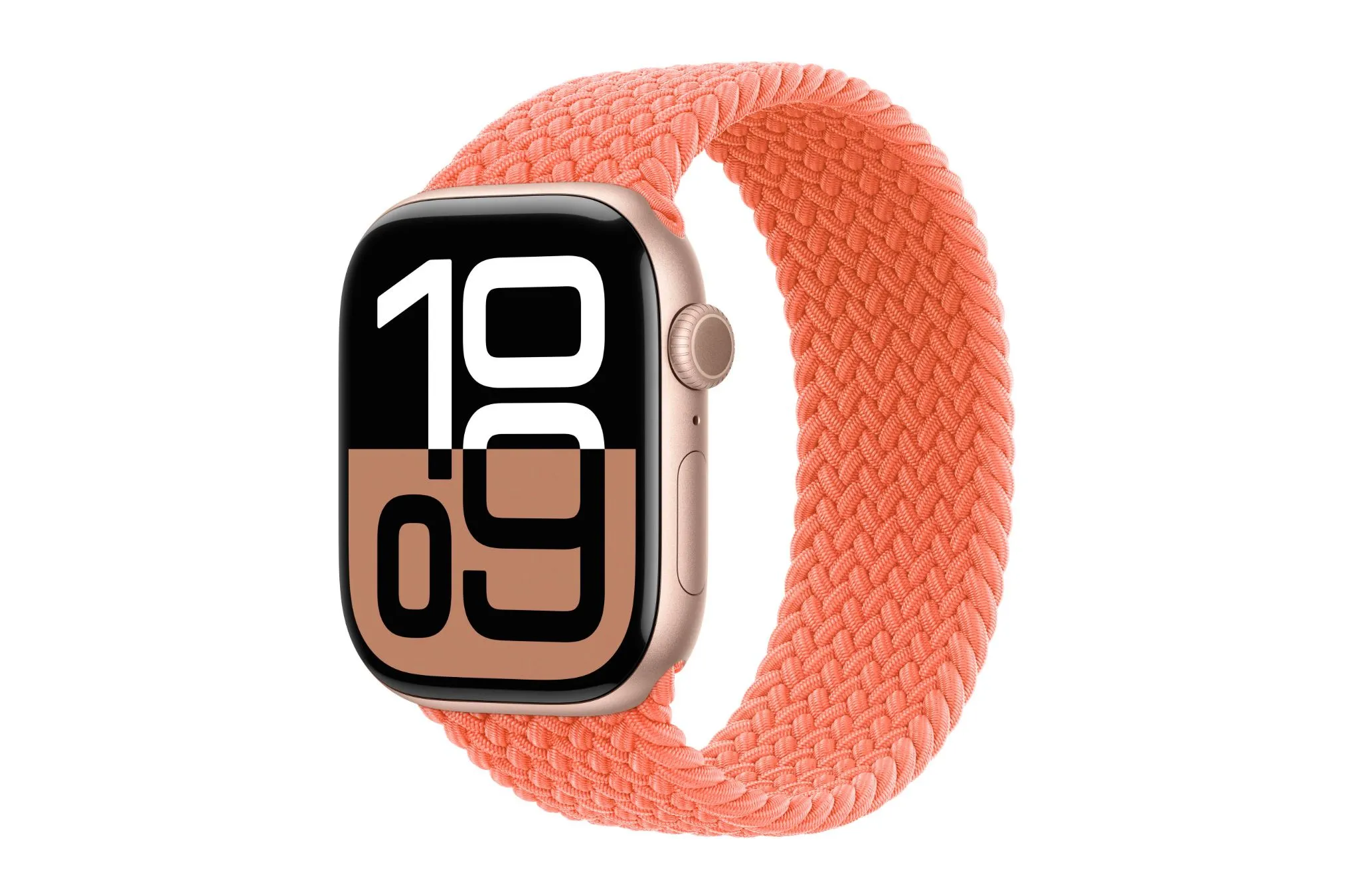 Dây đeo Braided Solo Loop màu Tangerine của Apple Watch, thể hiện sắc cam tươi mới.