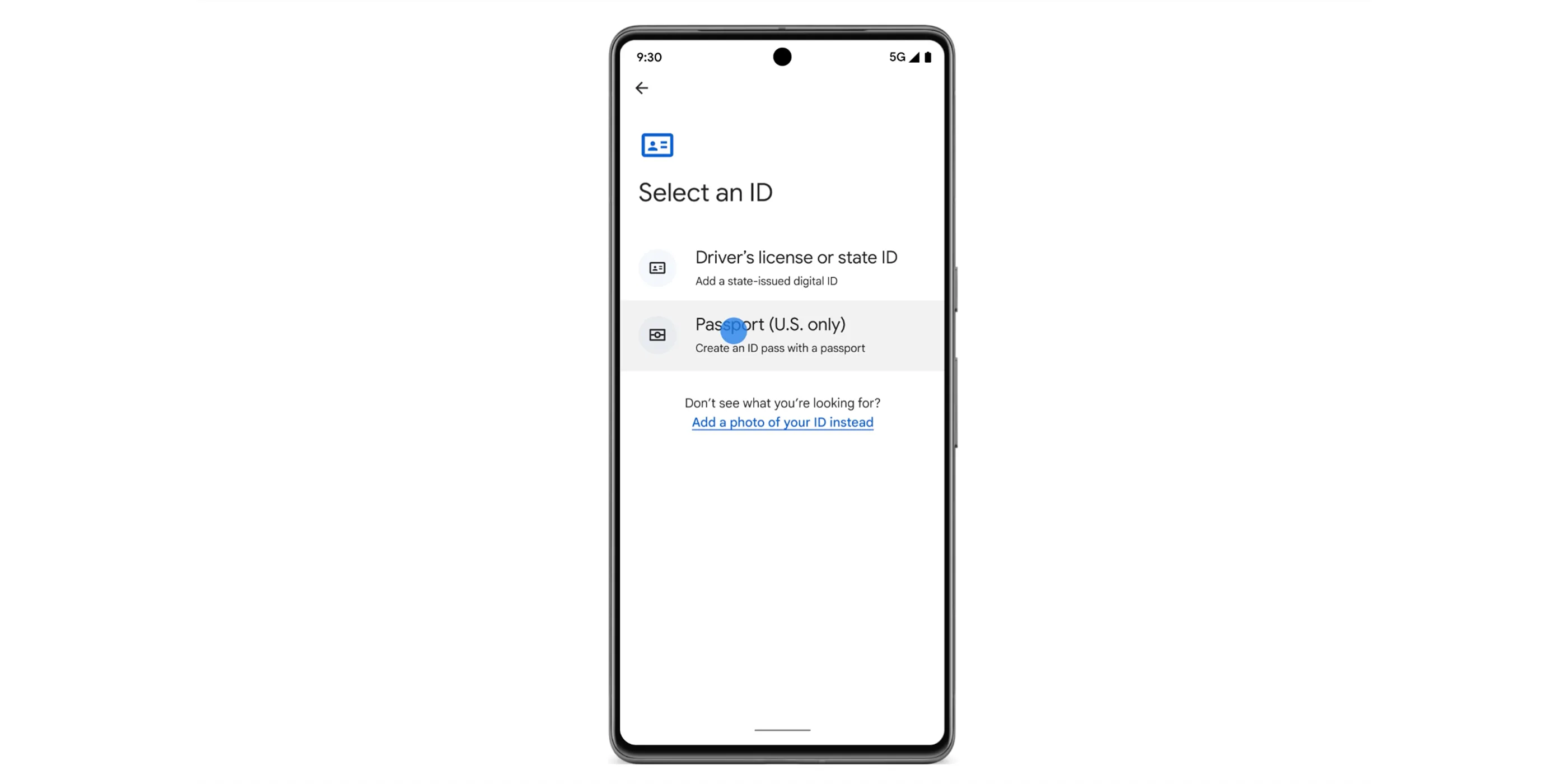 Điện thoại Android hiển thị giao diện Google Wallet với tùy chọn thêm hộ chiếu hoặc ID