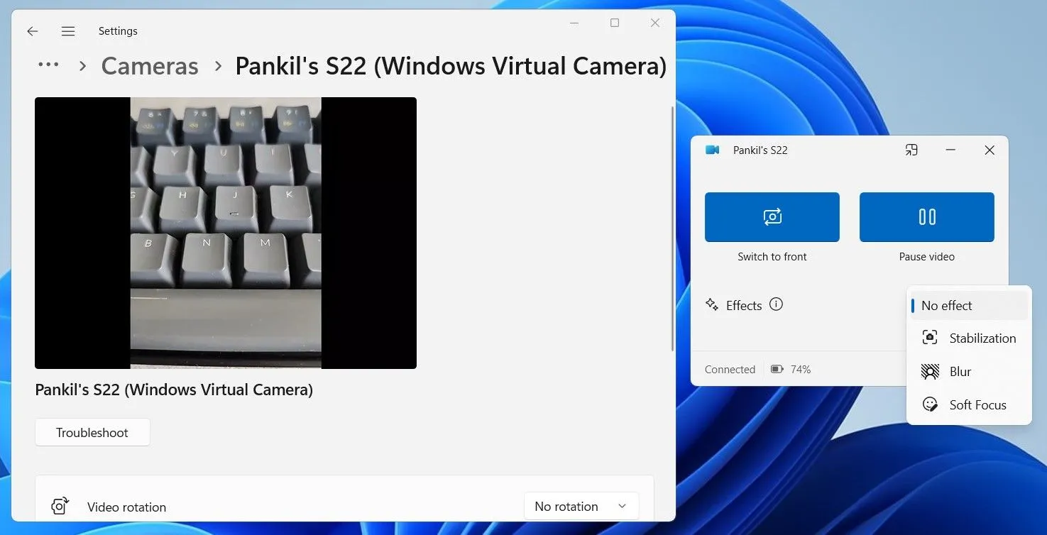 Điện thoại Android kết nối với máy tính Windows 11, sử dụng như webcam thông qua ứng dụng Phone Link