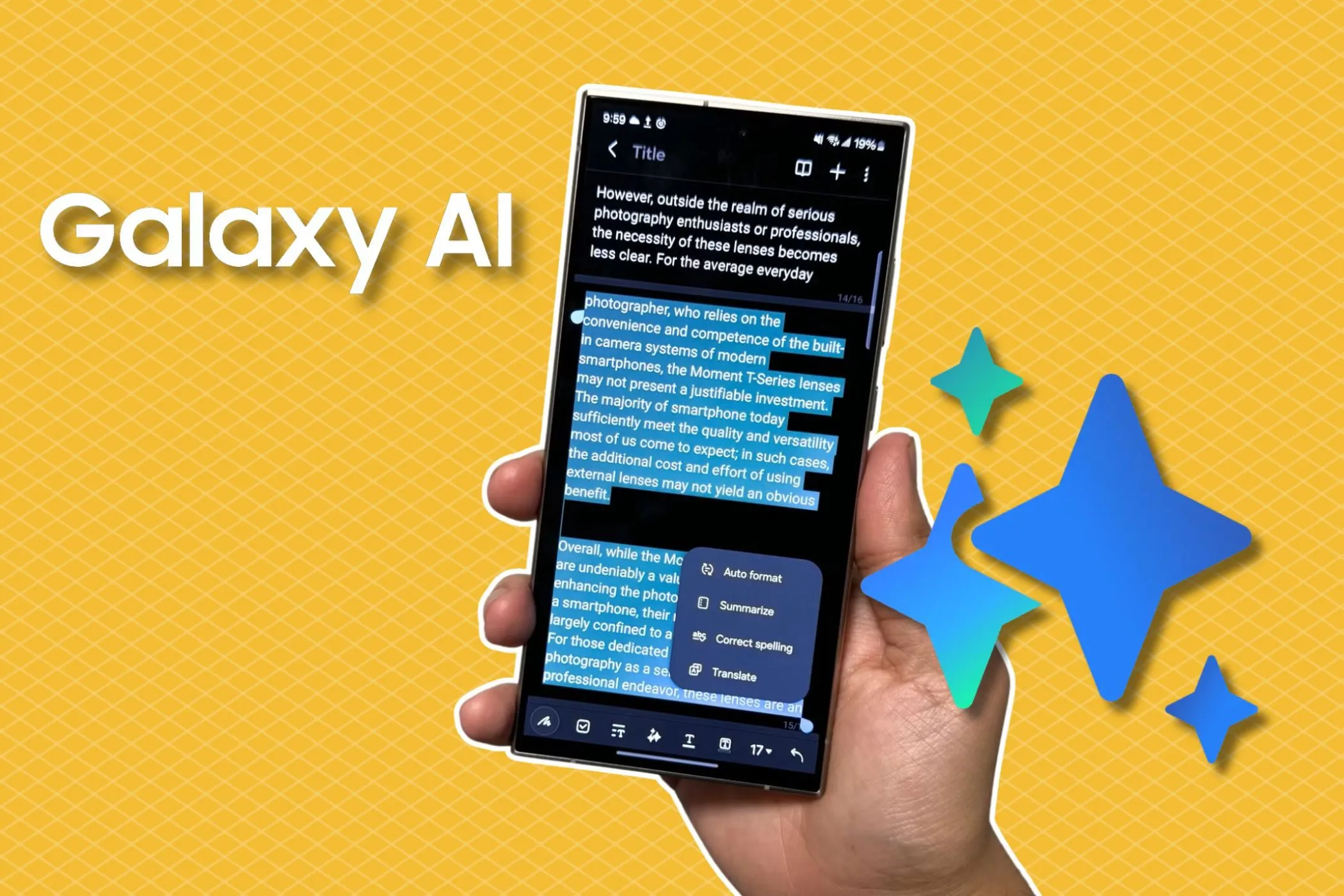 Điện thoại Samsung Galaxy S24 Ultra hiển thị biểu tượng Galaxy AI với nền gradient vàng