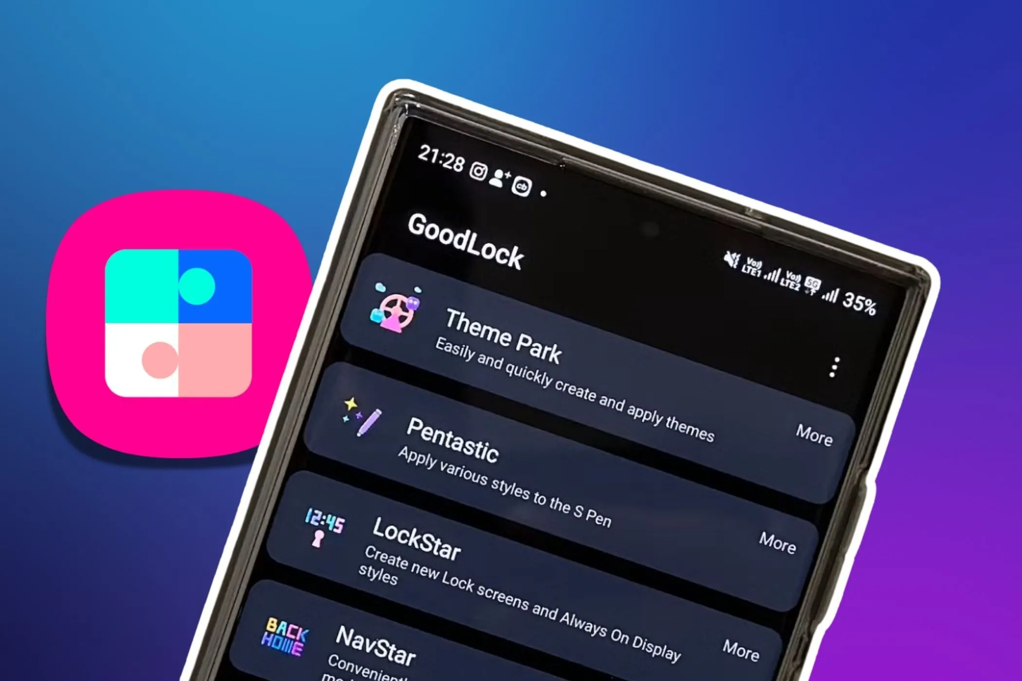 Điện thoại Samsung hiển thị ứng dụng Good Lock với biểu tượng Good Lock ở bên trái, minh họa tính năng tùy biến của One UI 7.