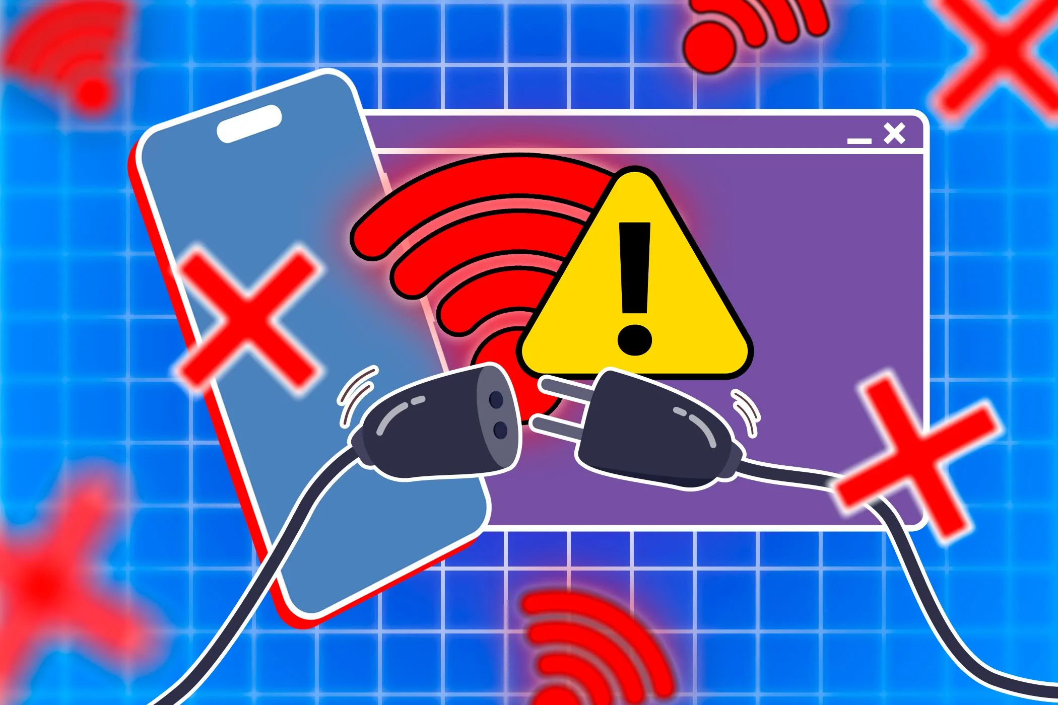 Điện thoại thông minh hiển thị biểu tượng Wi-Fi bị ngắt kết nối trên cửa sổ trình duyệt