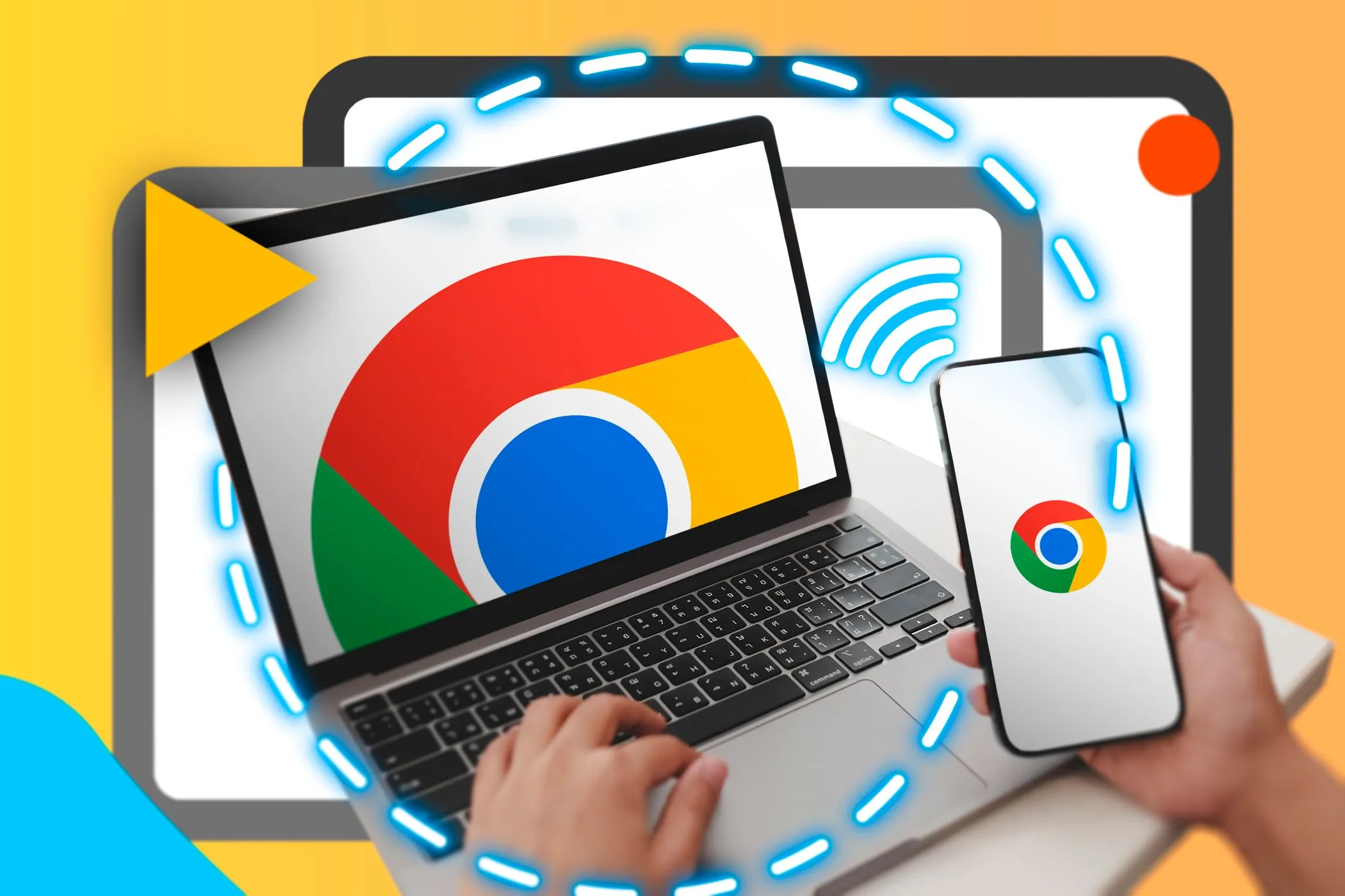 Điện thoại và laptop hiển thị logo Google Chrome cùng tín hiệu kết nối, minh họa tính năng đồng bộ hóa dữ liệu giữa các thiết bị.