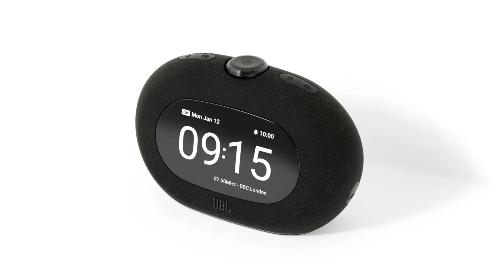 Đồng hồ báo thức thông minh JBL Horizon 3 màu đen hiển thị thời gian rõ nét, tích hợp loa Bluetooth.