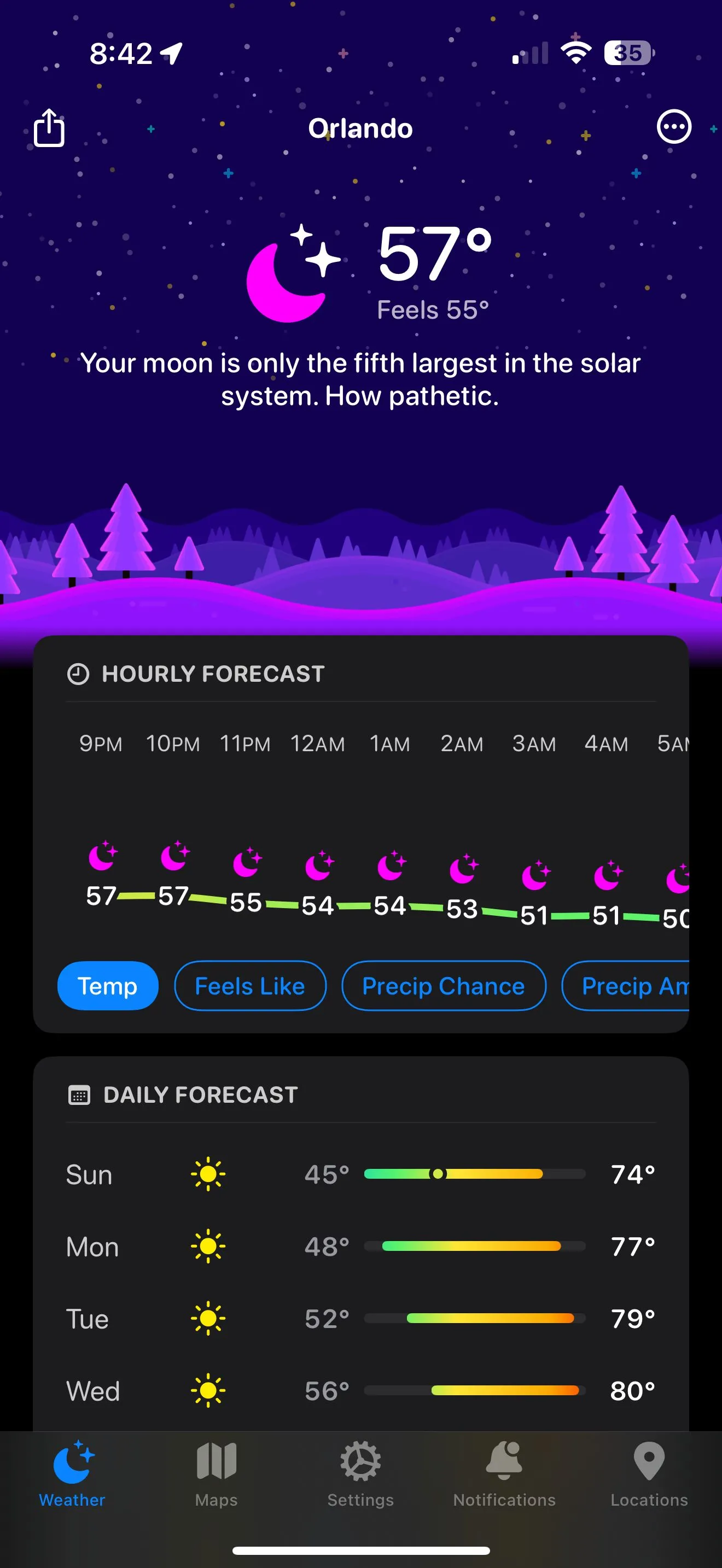 Dự báo thời tiết vui nhộn của Carrot Weather trên iPhone tại Orlando