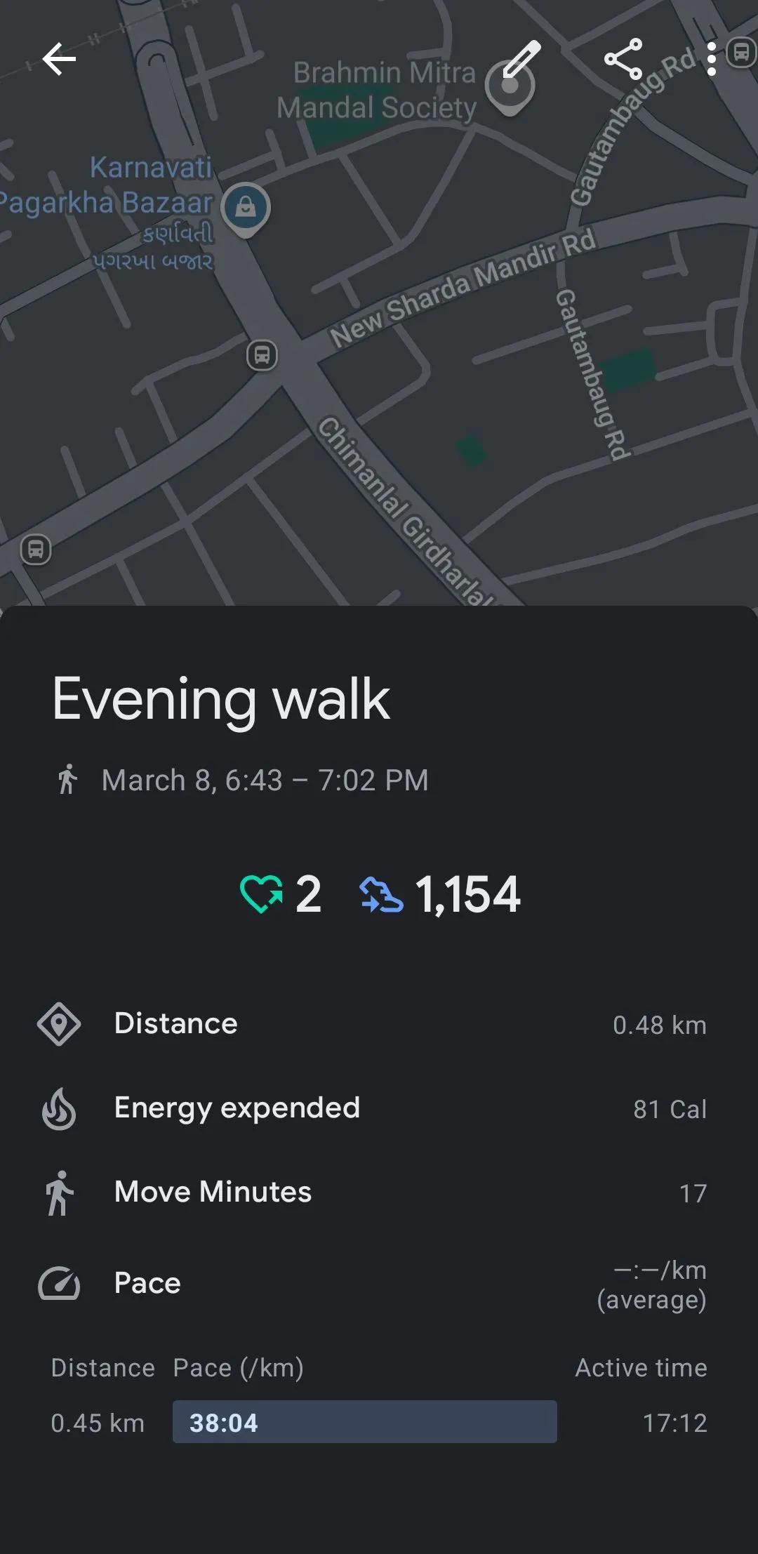 Dữ liệu hoạt động đi bộ buổi tối được ghi lại bởi Google Fit, bao gồm bản đồ lộ trình và thông tin chi tiết.