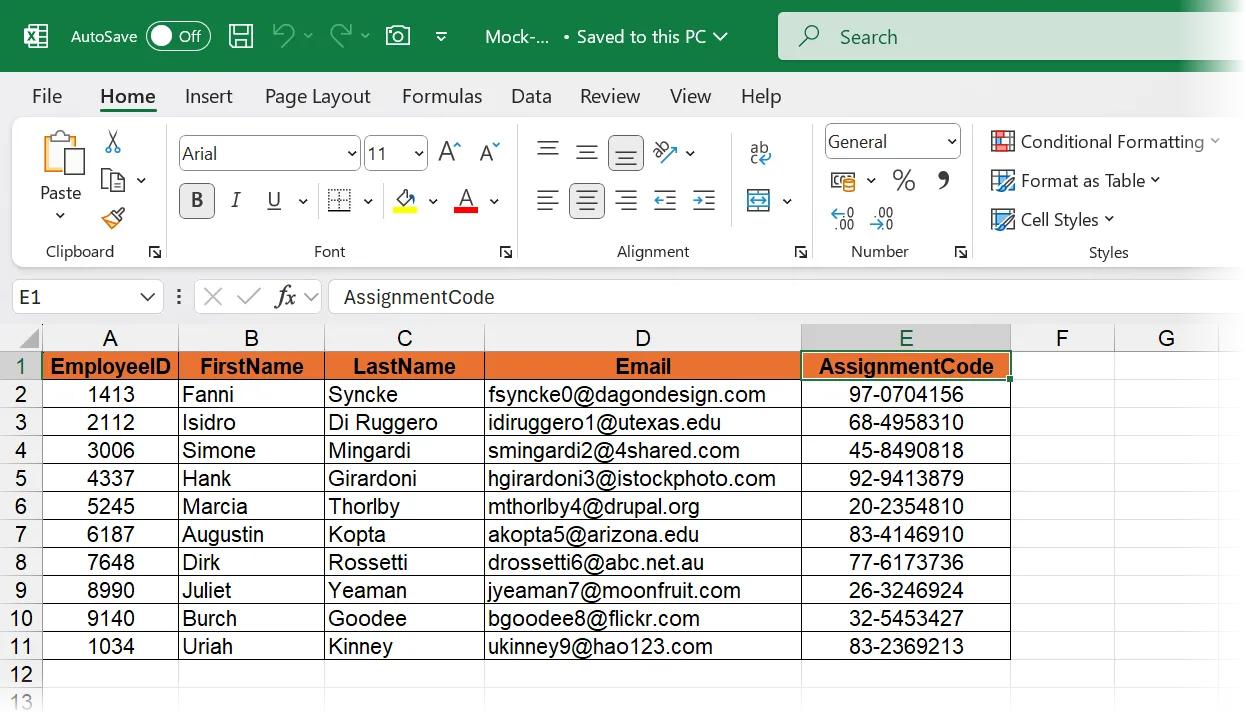 Dữ liệu mẫu trong Excel chuẩn bị cho Mail Merge