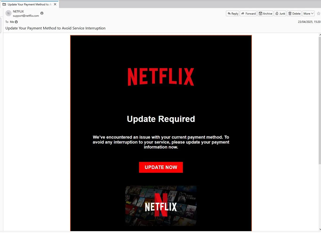 Email lừa đảo giả mạo Netflix yêu cầu cập nhật phương thức thanh toán.