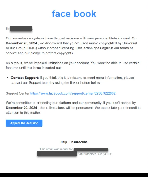 Email lừa đảo mạo danh Facebook với yêu cầu bản quyền giả mạo