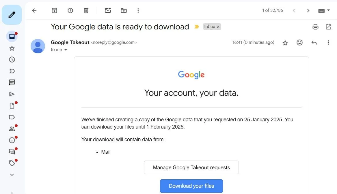 Email từ Google Takeout trong Gmail cho phép tải xuống tệp sao lưu dữ liệu
