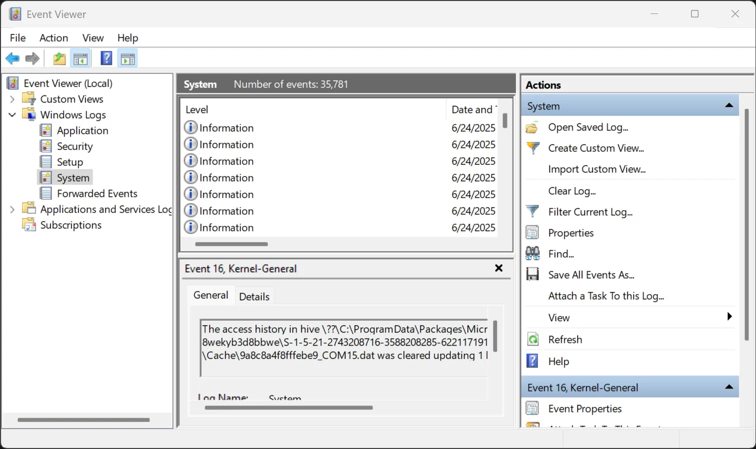 Event Viewer của Windows hiển thị thuộc tính SMART của ổ đĩa trong nhật ký hệ thống.