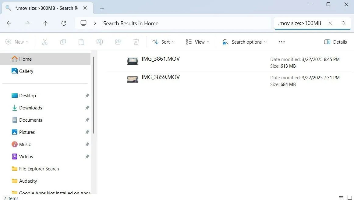 File Explorer hiển thị các tệp video định dạng MOV lớn hơn 300MB, minh họa khả năng lọc nâng cao