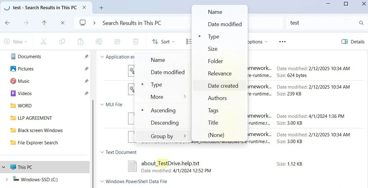 File Explorer hiển thị các tùy chọn nhóm trên Windows