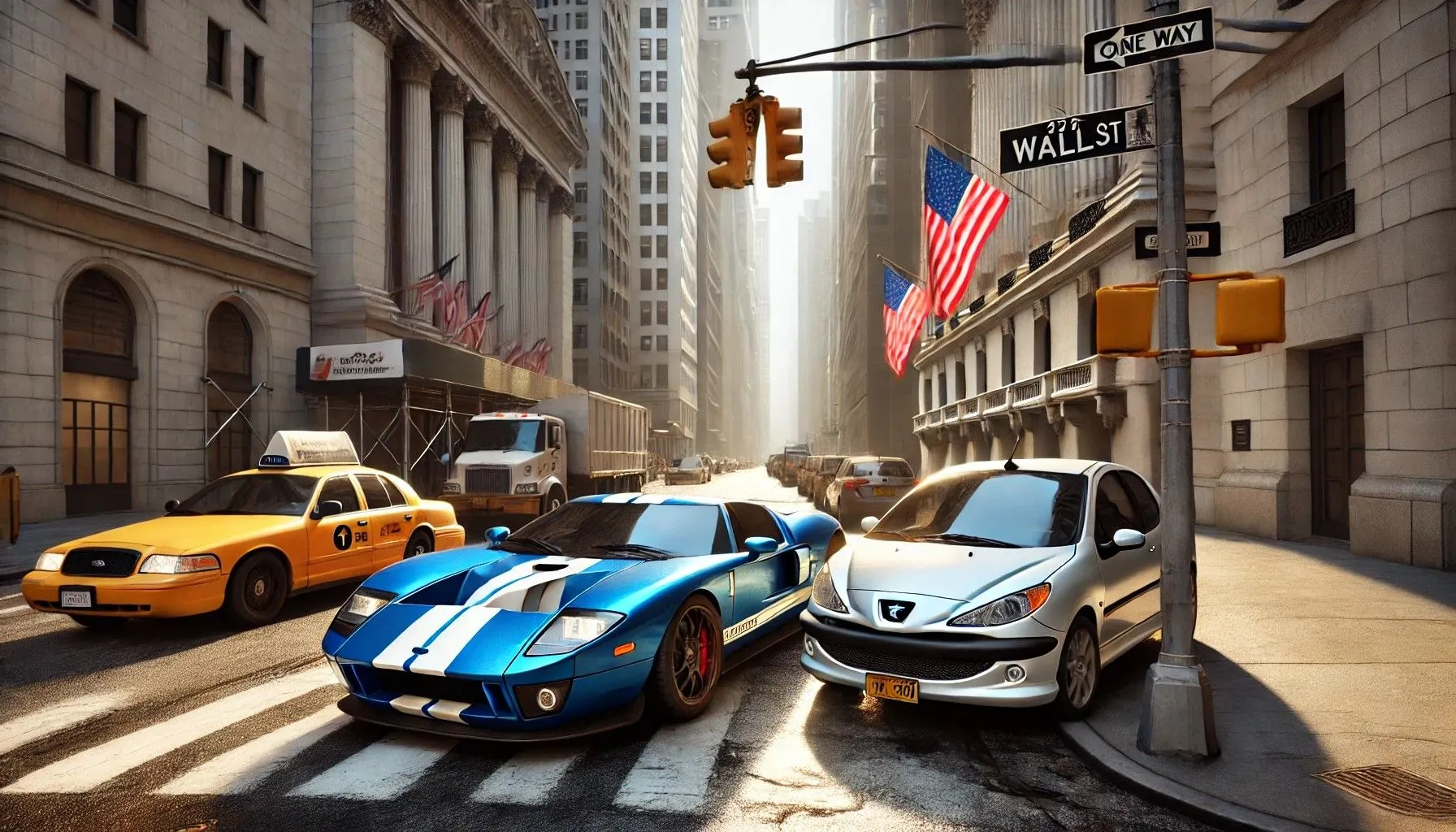 Ford GT 2006 và Peugeot 206 với phong cách hoạt hình và chi tiết đường phố sai lệch do DALL-E tạo