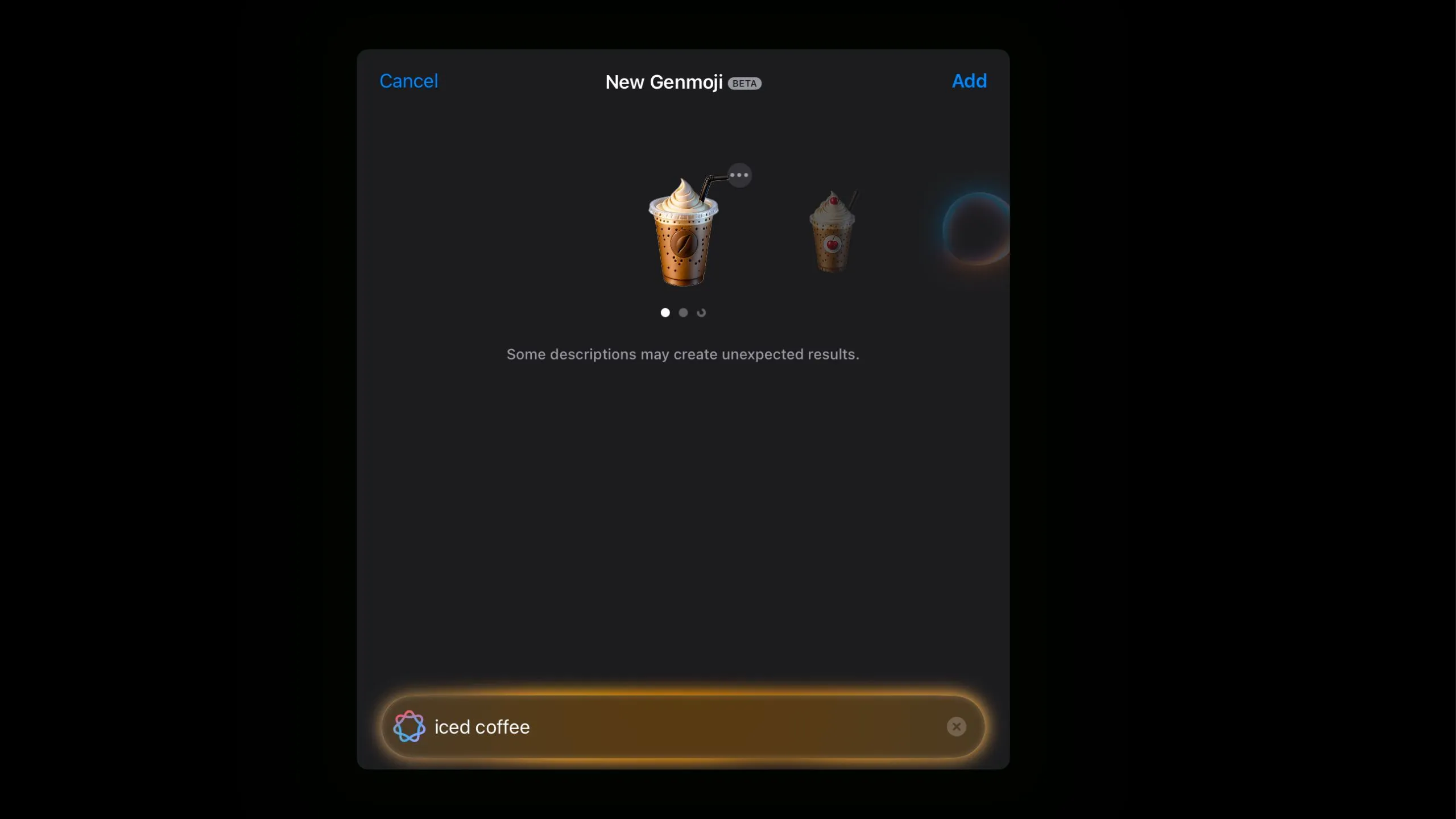 Genmoji tạo ra biểu tượng cà phê đá theo mô tả người dùng