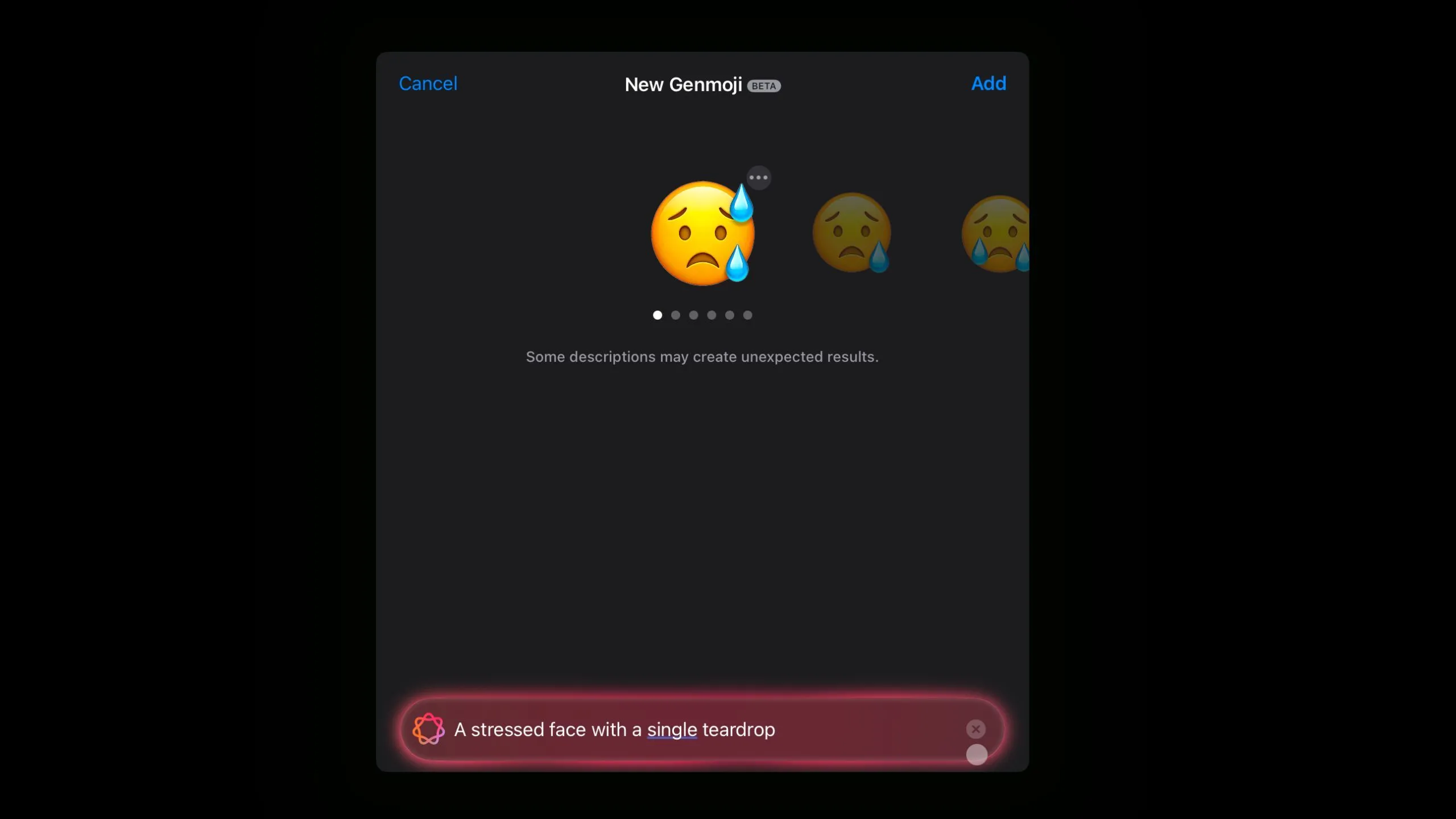 Genmoji tạo ra biểu tượng mặt căng thẳng với hai giọt nước mắt, dù yêu cầu một giọt