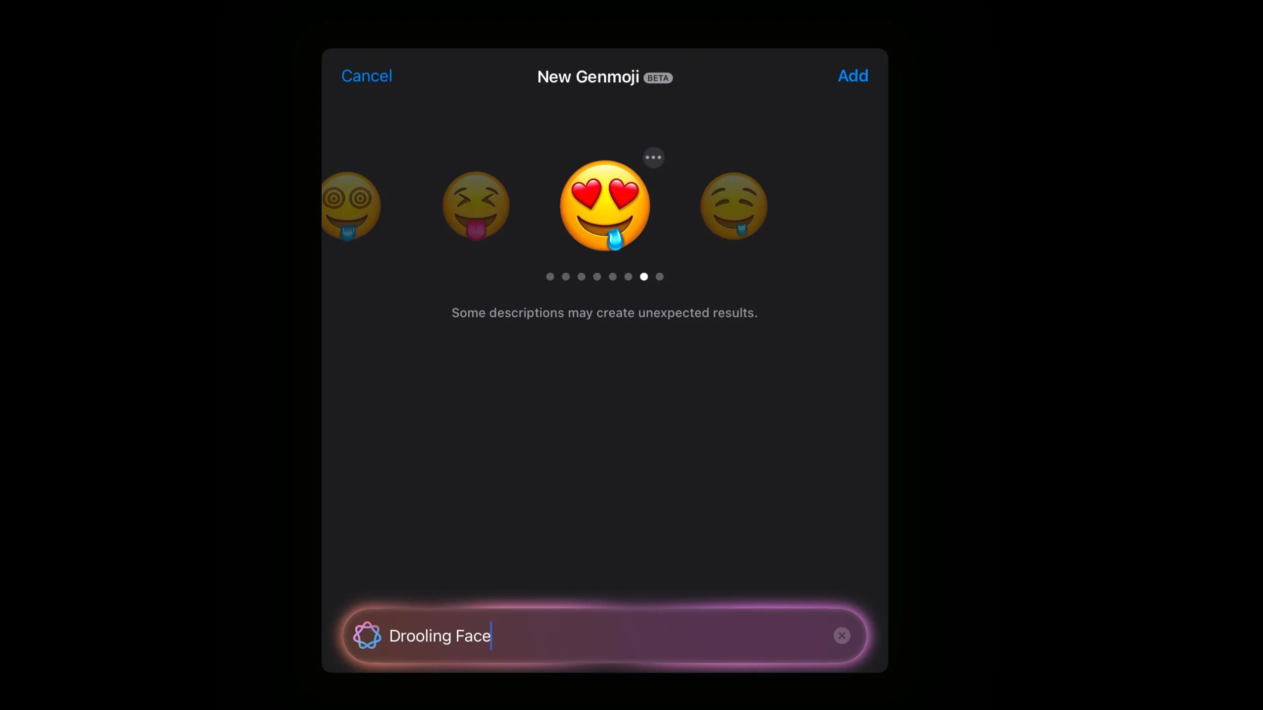 Genmoji tự động thêm chi tiết mắt hình trái tim vào biểu tượng mặt chảy dãi