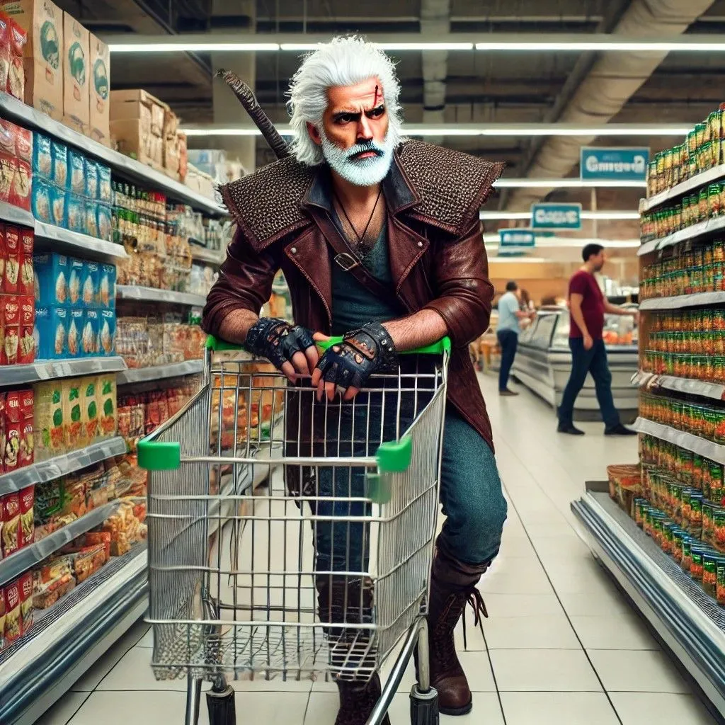 Geralt of Rivia mua sắm ở siêu thị hiện đại với chữ viết bị lỗi trên bao bì từ DALL-E