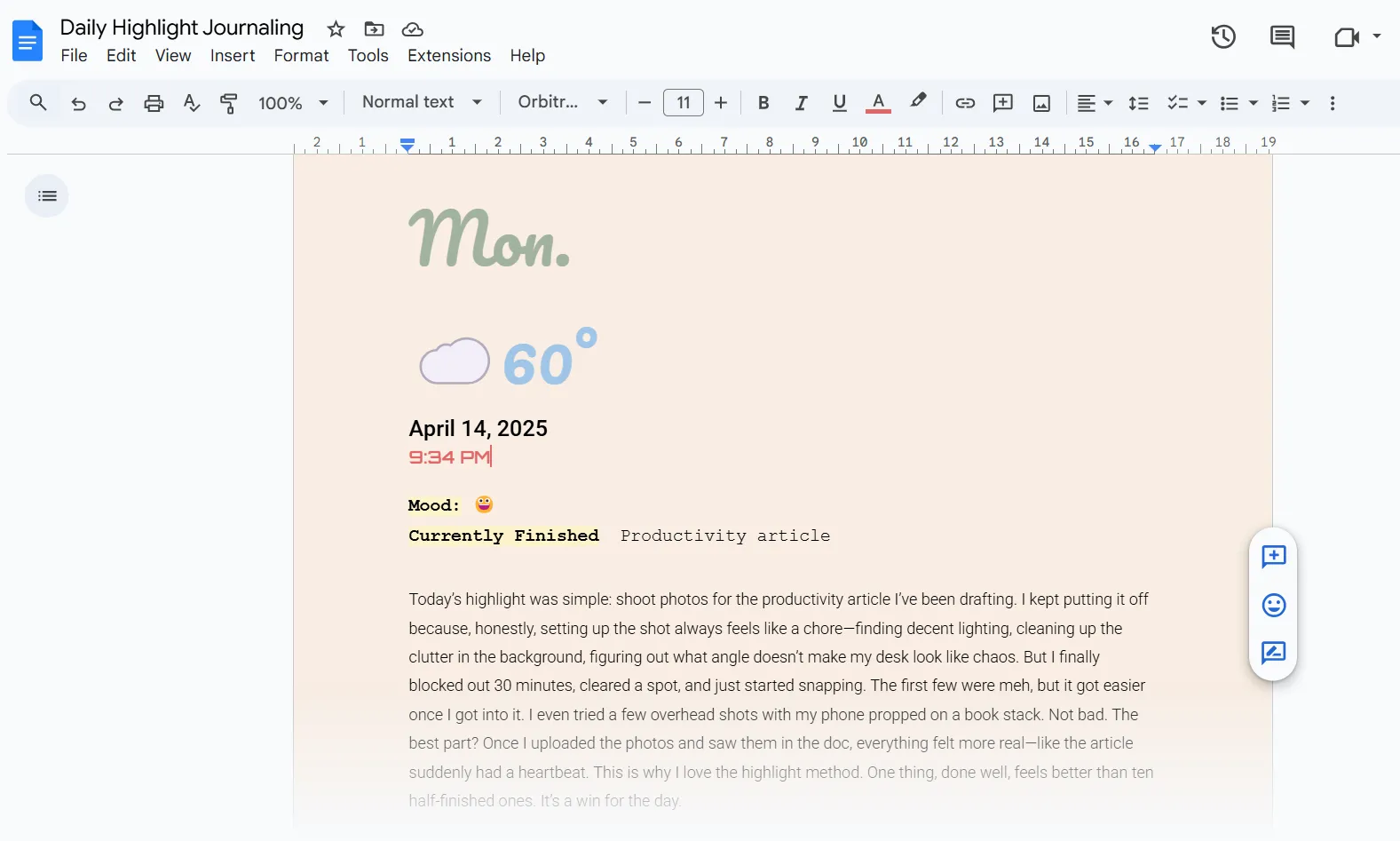 Ghi chép và nhật ký Daily Highlight trong Google Docs, giúp theo dõi tiến độ và cảm xúc cá nhân.