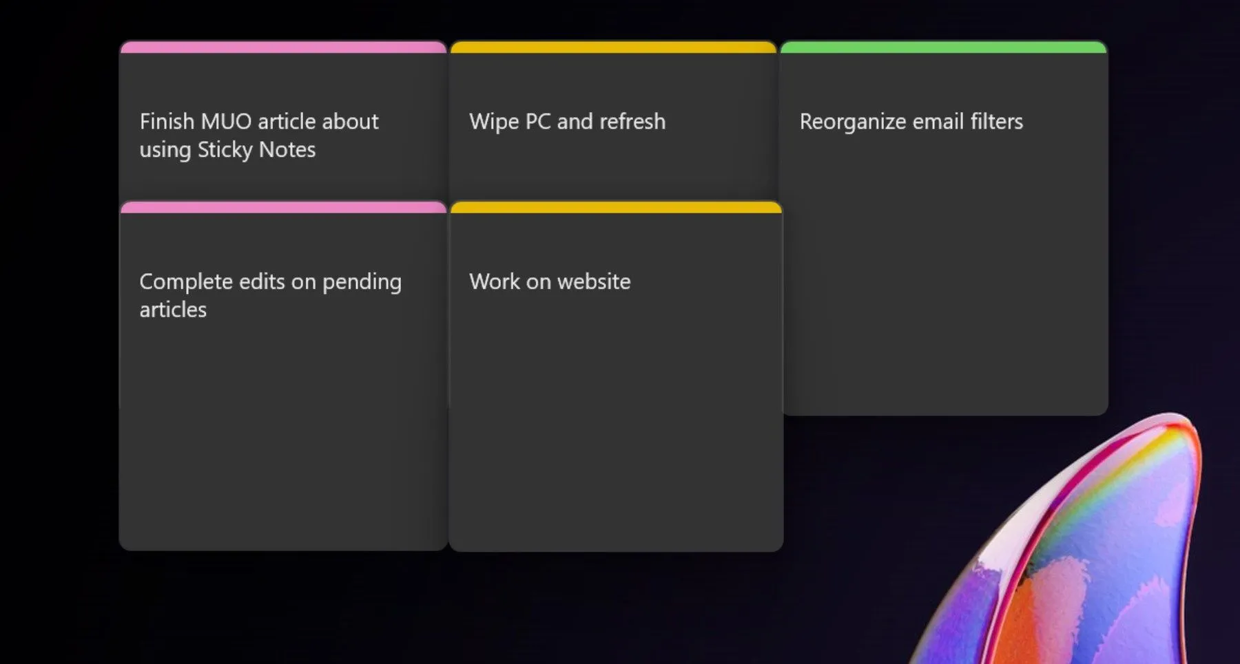 Ghi chú Sticky Notes được mã hóa màu sắc trên Windows 11 để phân loại nhiệm vụ theo độ ưu tiên và mức độ khẩn cấp