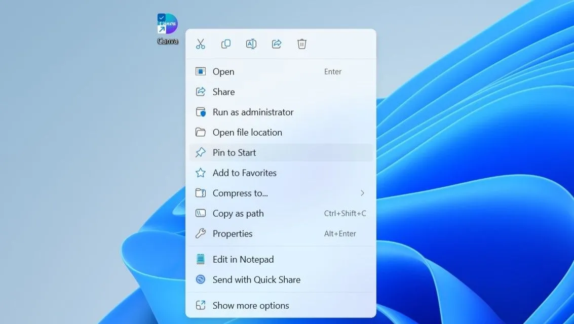 Ghim vào Start Menu: Tùy chọn trong menu ngữ cảnh Windows