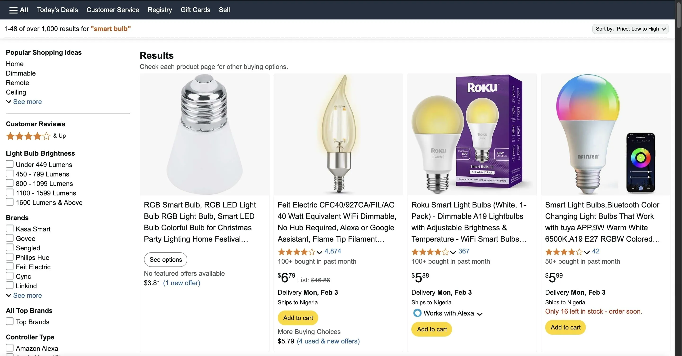 Giá bóng đèn thông minh giá rẻ hiển thị trên Amazon, minh họa sự hấp dẫn về chi phí của các thiết bị nhà thông minh
