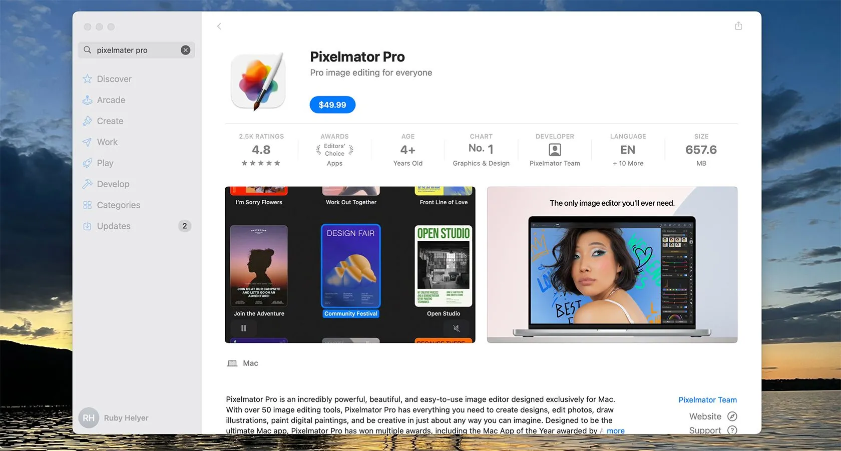 Giá mua một lần của Pixelmator Pro trên App Store của Apple.