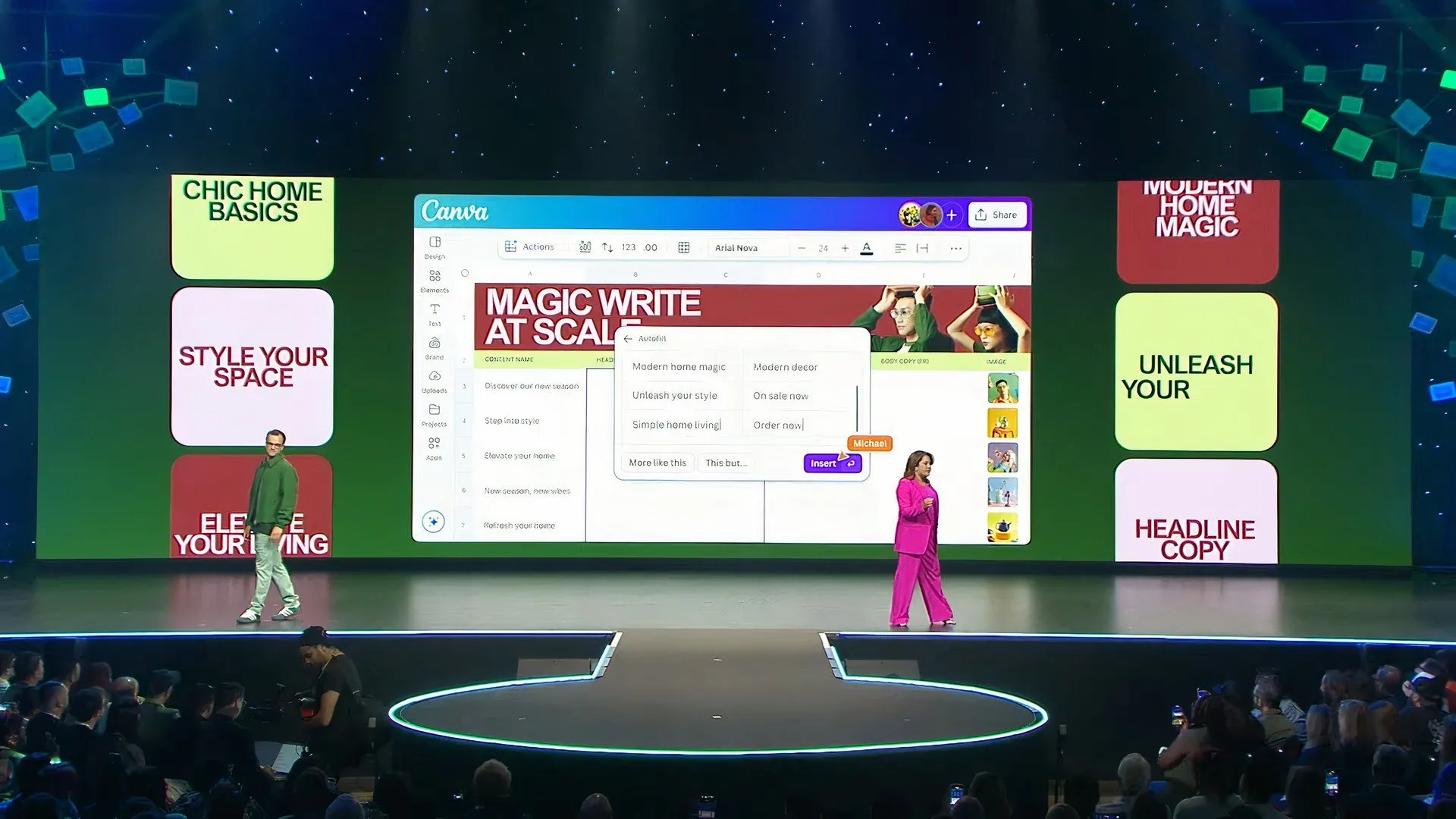 Giải thích tính năng Magic Studio at Scale mới trên sân khấu Canva Create 2025.