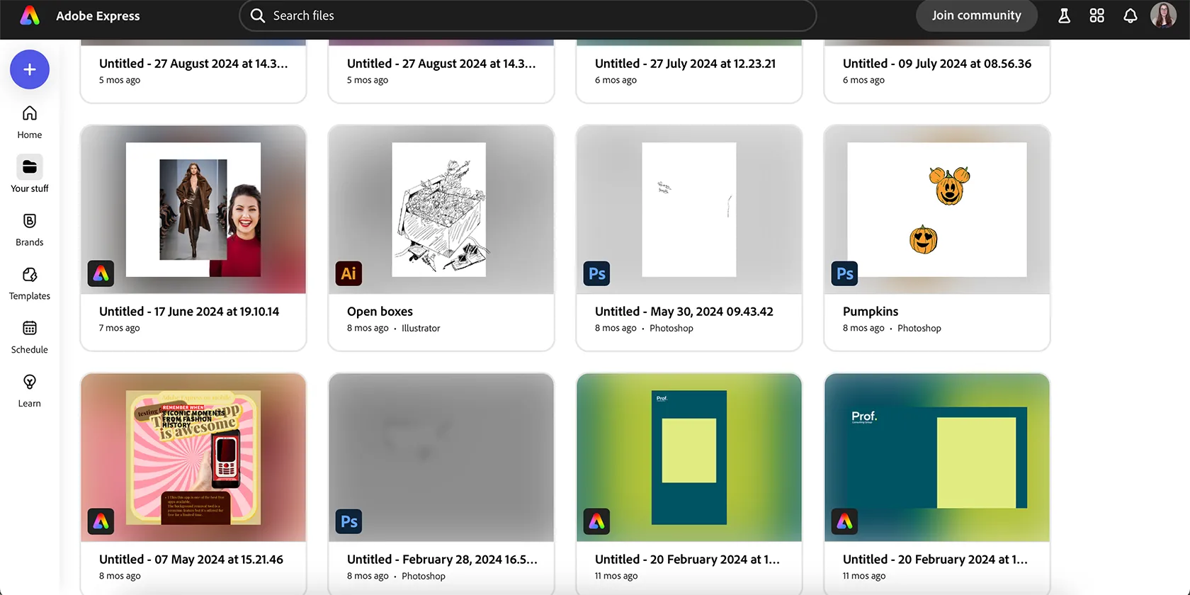 Giao diện Adobe Express hiển thị tích hợp liền mạch với các công cụ và tài nguyên Adobe Creative Cloud khác