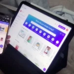 Giao diện Adobe Express trên iPhone và Canva trên iPad minh họa khả năng sử dụng đa thiết bị