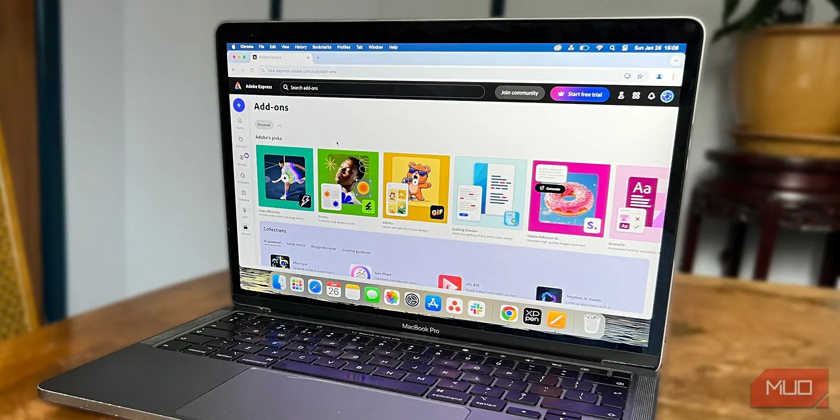 Giao diện Adobe Express trên MacBook với menu Add-Ons hiển thị rõ ràng