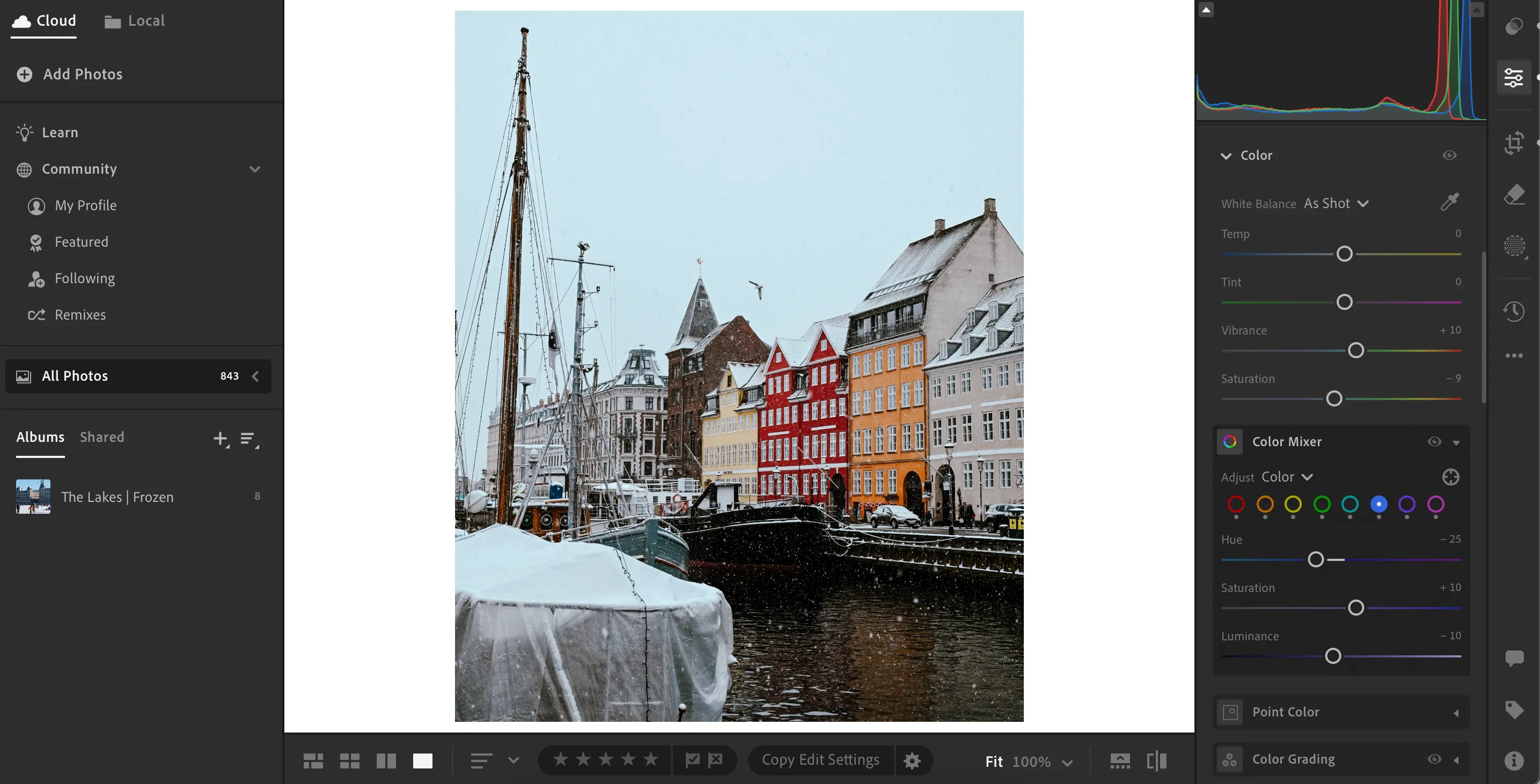 Giao diện Adobe Lightroom khi chỉnh sửa tệp ảnh định dạng JPEG với các tùy chỉnh cơ bản