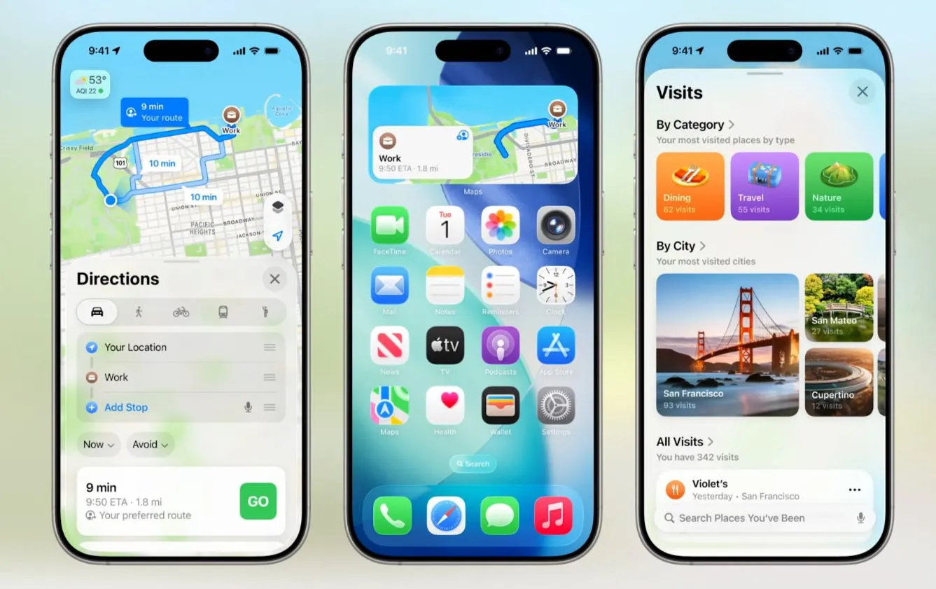 Giao diện Apple Maps trong iOS 26 hiển thị các tính năng mới như &quot;Địa điểm đã ghé thăm&quot; và &quot;Lộ trình&quot;.