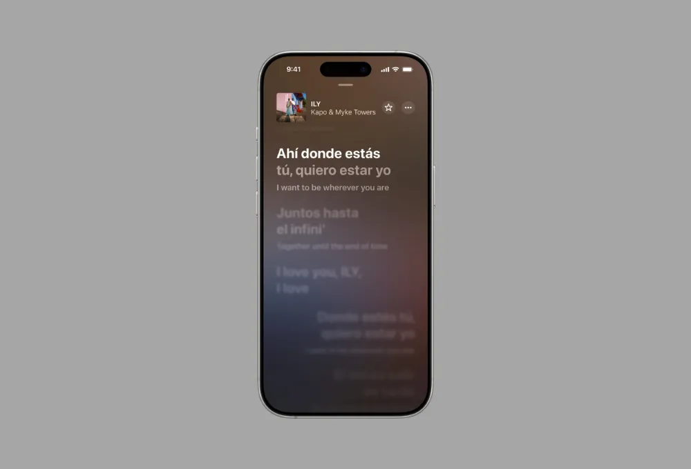 Giao diện Apple Music hiển thị lời bài hát gốc và bản dịch song ngữ trực tiếp