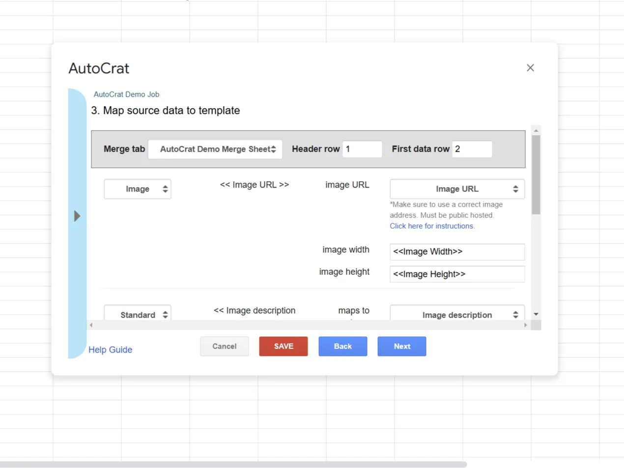 Giao diện Autocrat trong Google Sheets, hiển thị quá trình kết nối dữ liệu từ trang tính vào mẫu tài liệu để tạo file tự động