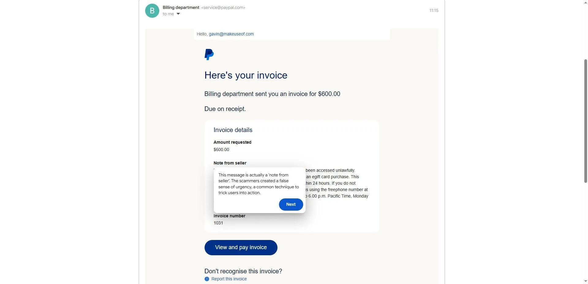 Giao diện bài kiểm tra Google Phishing Quiz minh họa email lừa đảo hóa đơn PayPal
